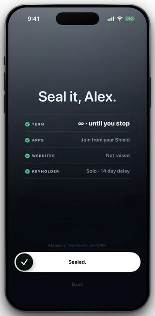 The seal screen listing term, apps, websites and keyholder as ticked rows above a sealed confirmation.