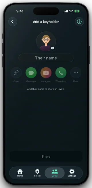 The Add a keyholder screen with a Their name field and the Copy, Messages, Instagram and WhatsApp share channels.