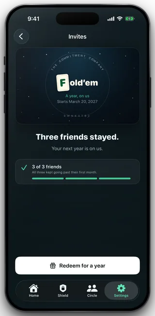 The Invites page at three of three: a card reading A year on us, the headline Three friends stayed, and a Redeem for a year button.