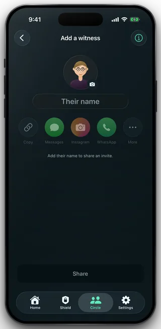 The Add a witness screen with a Their name field and the Copy, Messages, Instagram and WhatsApp share channels.