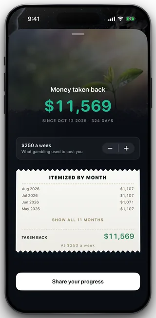 The money sheet: a total in green, the run start and day count, a weekly rate row with steppers, and a receipt itemised by month with the same total at its foot.