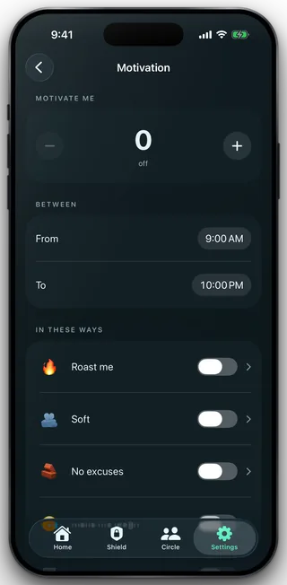 The Motivation page: a counter reading 0 and off, a window of 9:00 AM to 10:00 PM, and the voice rows Roast me, Soft and No excuses.