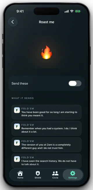 The Roast me page with a Send these switch and four sample lines under What it sends.