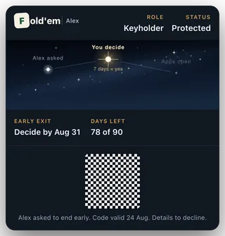 The Wallet card with an Early exit row reading Decide by Aug 31, and a scannable code beneath it.