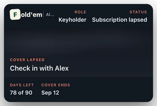 The keyholder Wallet card reading status Subscription lapsed, cover lapsed, check in with Alex, days left 78 of 90, cover ends Sep 12.