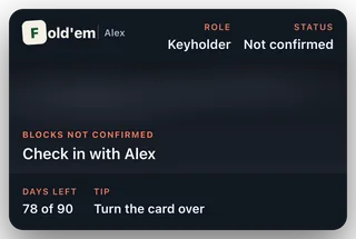The same Wallet pass with status Not confirmed and a line reading Blocks not confirmed, check in with Alex.