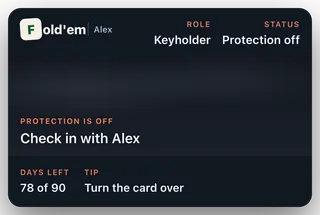 The same Wallet pass with status Protection off and a line reading Protection is off, check in with Alex.