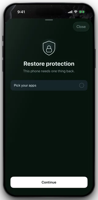 A sheet over Home headed Restore protection, with the line This phone needs one thing back, one item reading Pick your apps, and a Continue button.