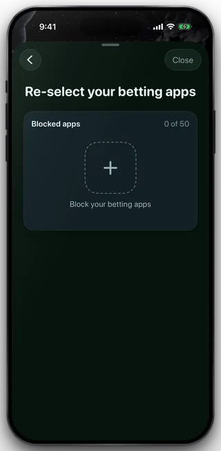 The step that asks you to pick your betting apps again, with a Blocked apps card reading zero of fifty and a plus tile labelled Block your betting apps.