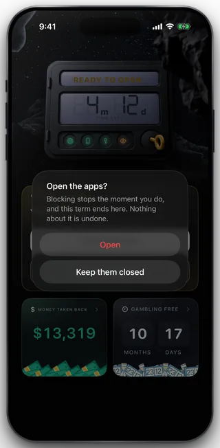 The centred alert titled Open the apps? over the Home wall, with Open in red and Keep them closed under it.