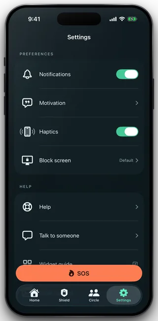 The Settings root with a Preferences group containing Notifications, Motivation, Haptics and a Block screen row reading Default.