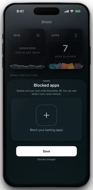 The Blocked apps sheet with a white Save button and Discard changes beneath it.