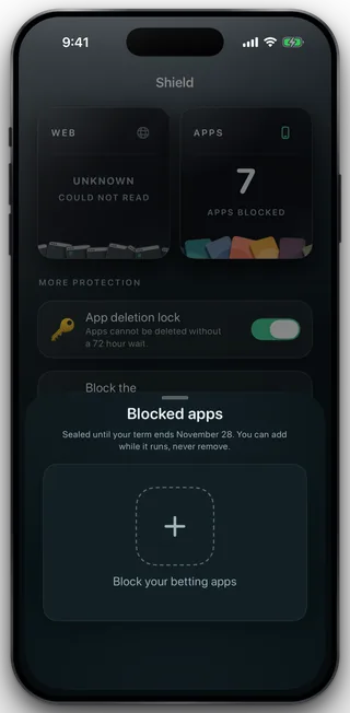 The Blocked apps sheet reading Sealed until your term ends, with an add well.