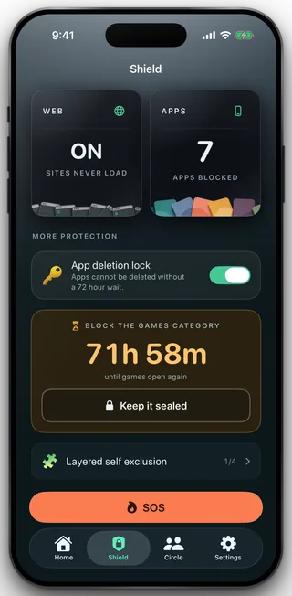 The Shield tab with the Games category row replaced by an amber counting card reading 71h 58m over "until games open again" and a Keep it sealed button.