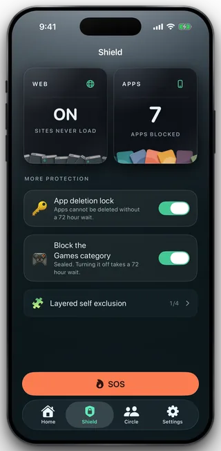 The Shield tab with the Games category row sealed, its sub reading "Sealed. Turning it off takes a 72 hour wait," below the App deletion lock row.