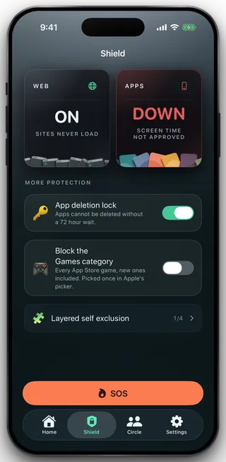 The Shield tab with the APPS tile reading Down, Screen Time not approved, beside a WEB tile still reading On, sites never load, because a Screen Time revoke does not touch the DNS setting.