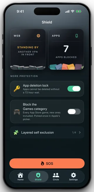 The Shield tab with the WEB tile reading Standing by, another VPN in front.