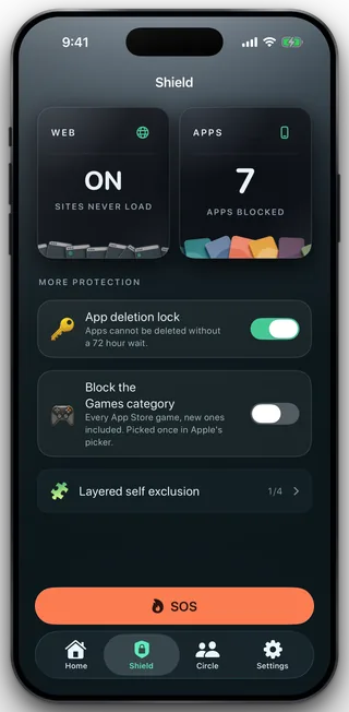 The Shield tab: the web tile reading ON over Sites never load, the apps tile reading 7 apps blocked, and the More protection rows below them.
