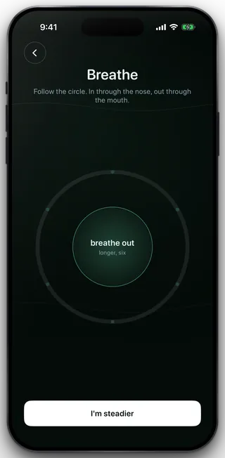 The Breathe tool at breathe out, longer, six, with the guide circle and the I'm steadier button.