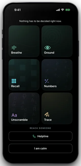 The SOS hub with the Helpline button under the six tools, alone under Reach someone because this phone has nobody's number stored.