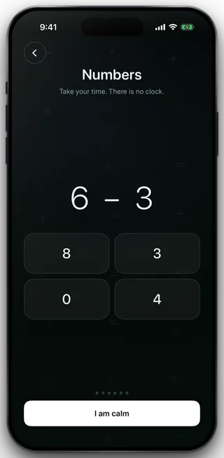 The Numbers tool showing one arithmetic problem, four answer tiles and six progress dots.
