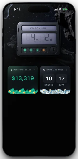 The Home screen safe with CHECKING across its head, the time left below it, and the four lenses lit under that.