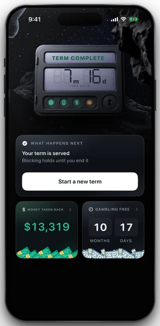 Home reading TERM COMPLETE over a time held readout, with a card saying the term is served and blocking holds until you end it, above a Start a new term button.