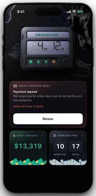 The Home screen with the safe reading Protected, and a red card below reading Payment lapsed, ends within 3 days, with a Renew button.