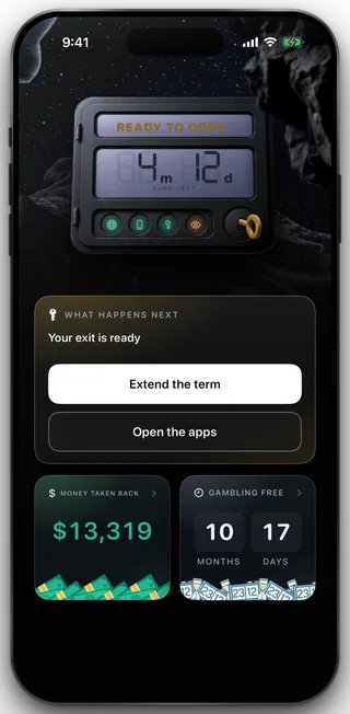 The Home wall: the safe reading READY TO OPEN with a gold key in the keyhole, and a card headed What happens next reading Your exit is ready, with Extend the term in white above Open the apps.