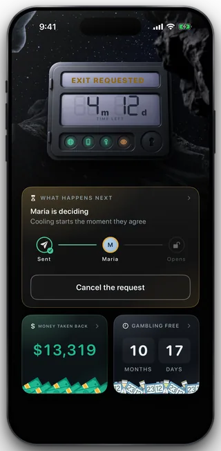 Home reading EXIT REQUESTED over a card naming the keyholder as deciding, with a three step progress line and a Cancel the request button.