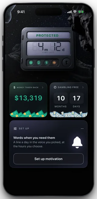 The Home screen: the safe reading PROTECTED over a four months twelve days readout captioned TIME LEFT, with a money tile and a Gambling free tile below it.