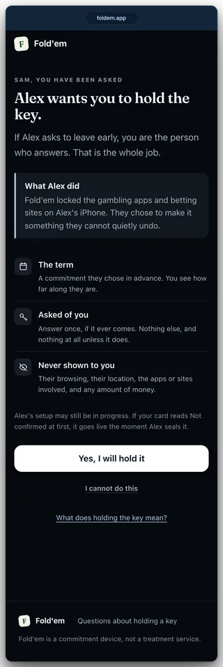 The keyholder invite page, headed "Alex wants you to hold the key," with three rows below it: The term, Asked of you, and Never shown to you.