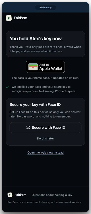 The accepted page: "You hold Alex's key now," an Add to Apple Wallet button, a line confirming the pass was emailed, and a Secure your key with Face ID card.