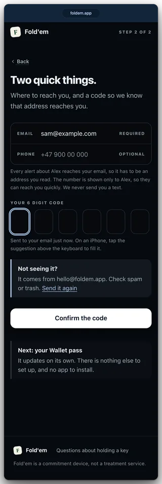 Step two of the accept page: an email field, an optional phone field, six code boxes and a Confirm the code button.