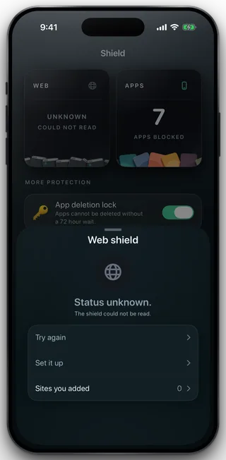 The web shield sheet reading Status unknown over The shield could not be read, with Try again, Set it up and Sites you added.