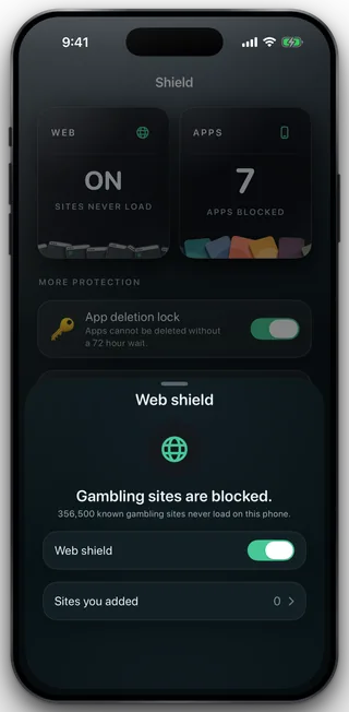 The Web shield sheet reading Gambling sites are blocked, with the switch on and a Sites you added row.