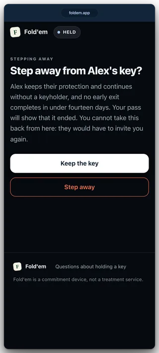 The step away confirm page, headed "Step away from Alex's key?", with Keep the key as the white button and Step away as a red outlined one below it.